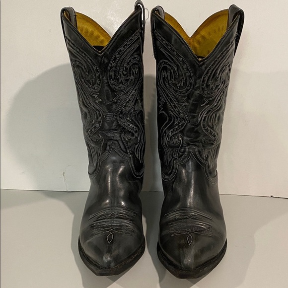 Tom Houston Black Grey Leather Cowboy Boots Size 8 Western Pointed Toe - Picture 3 of 16